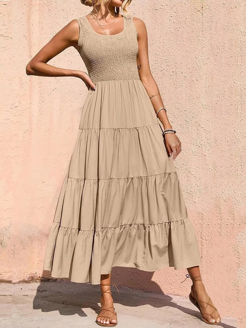 Strap top skirt with pleats and spliced A-line large swing dress