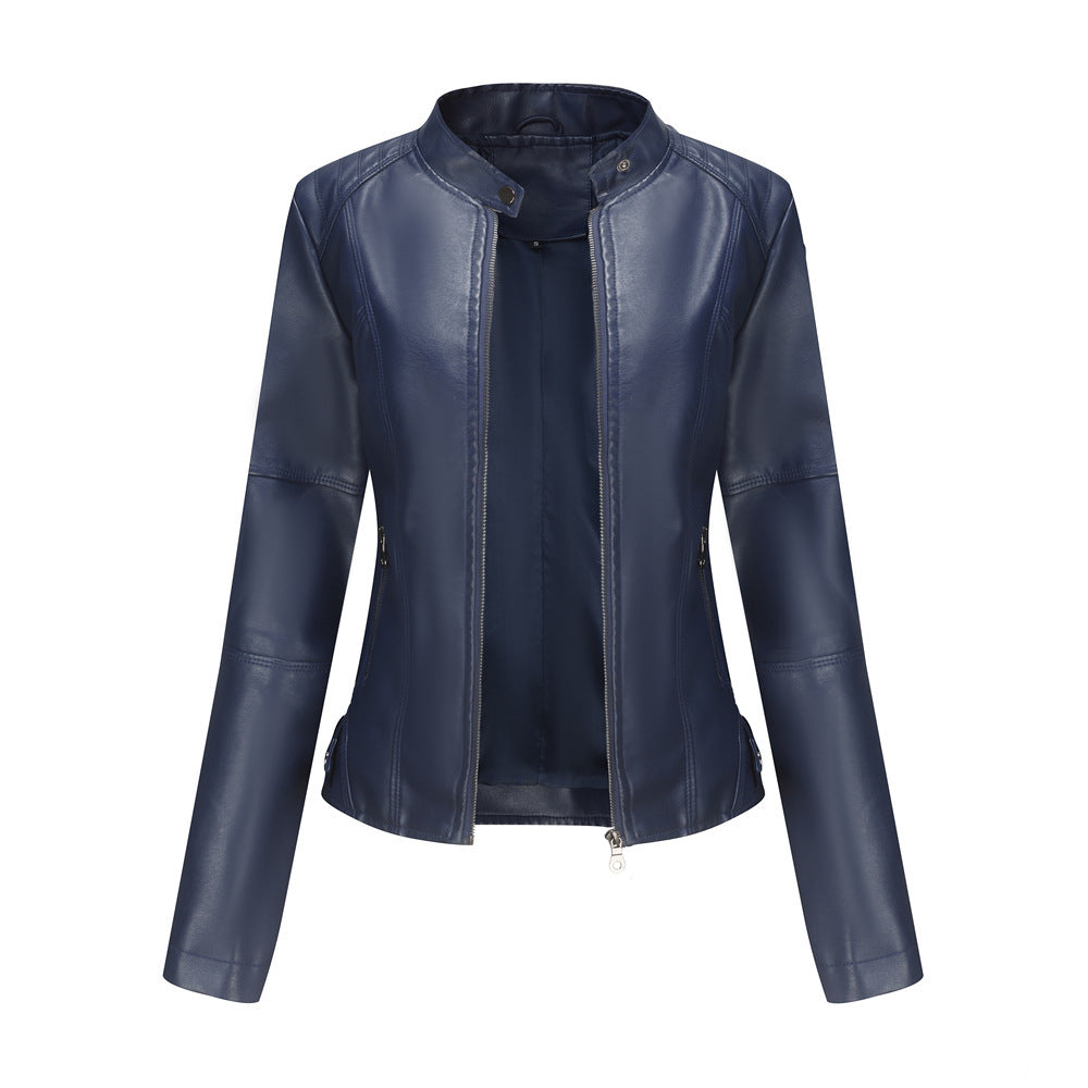 Leather Jacket with Stand Collar & Decorative Details – Short Model in Multiple Colors