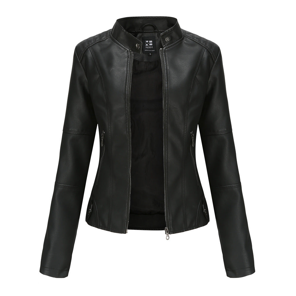 Leather Jacket with Stand Collar & Decorative Details – Short Model in Multiple Colors