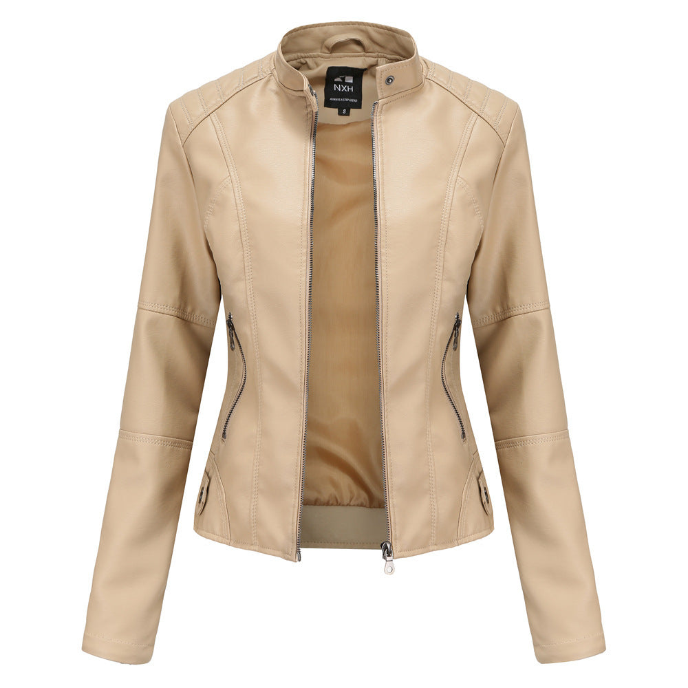 Leather Jacket with Stand Collar & Decorative Details – Short Model in Multiple Colors