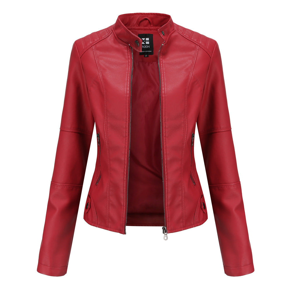 Leather Jacket with Stand Collar & Decorative Details – Short Model in Multiple Colors