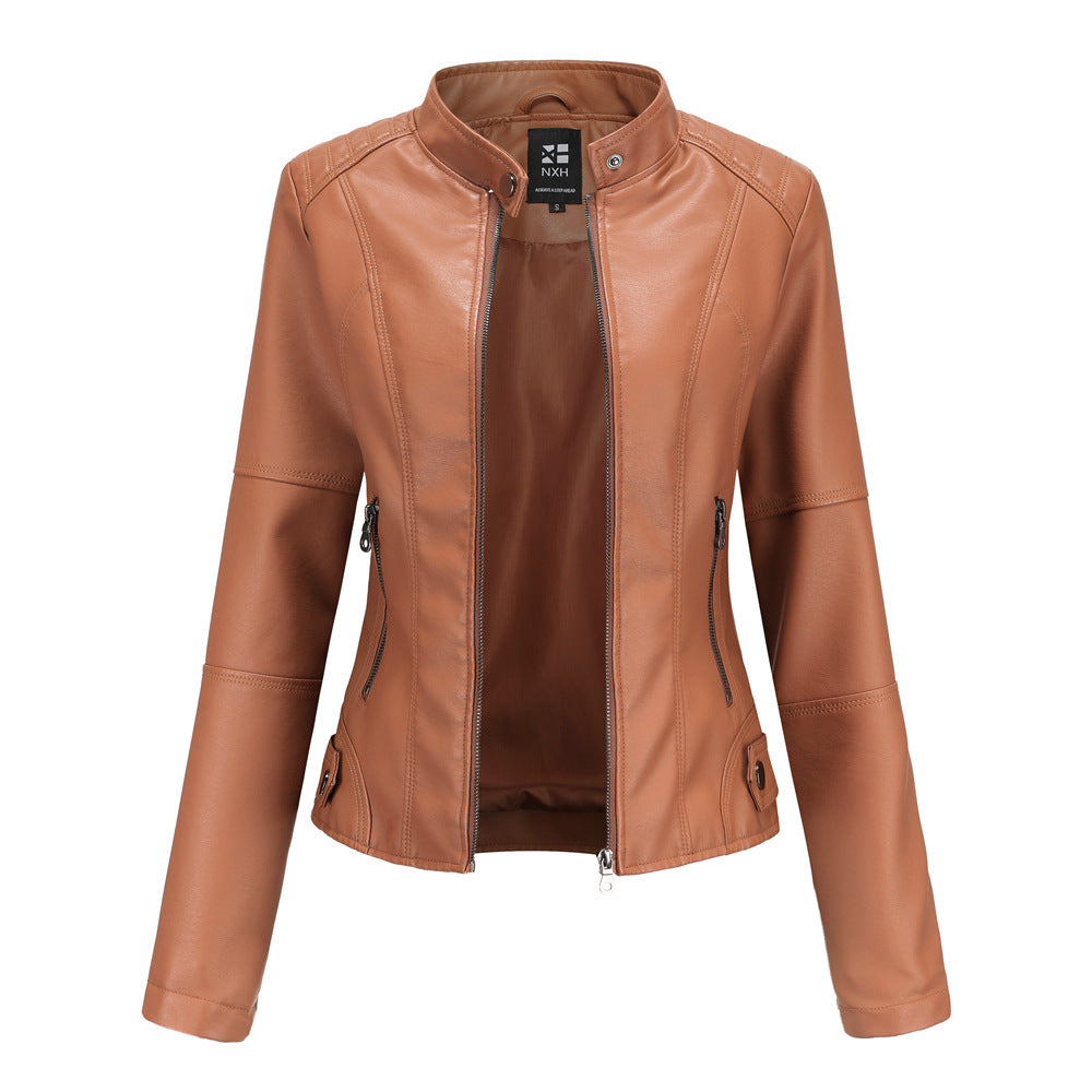 Leather Jacket with Stand Collar & Decorative Details – Short Model in Multiple Colors