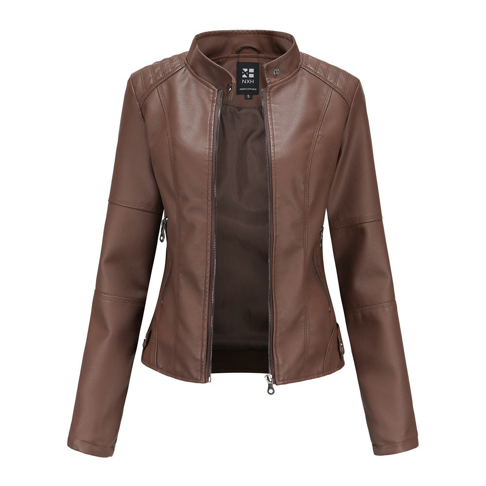Leather Jacket with Stand Collar & Decorative Details – Short Model in Multiple Colors