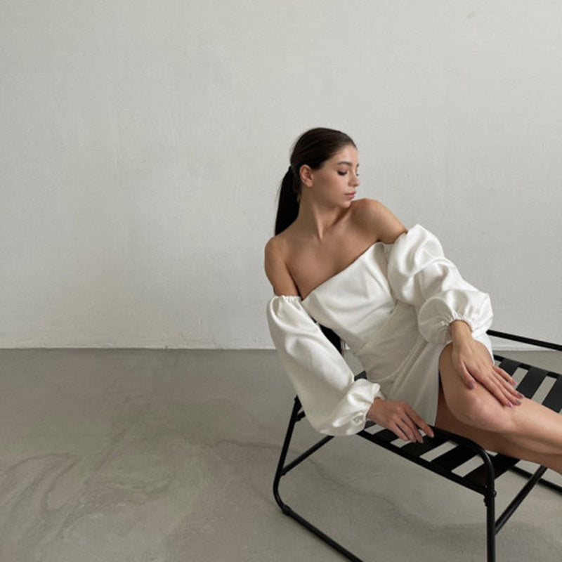 Elegant White Dress in Polyester – Puff Sleeve & Figure-hugging Cut