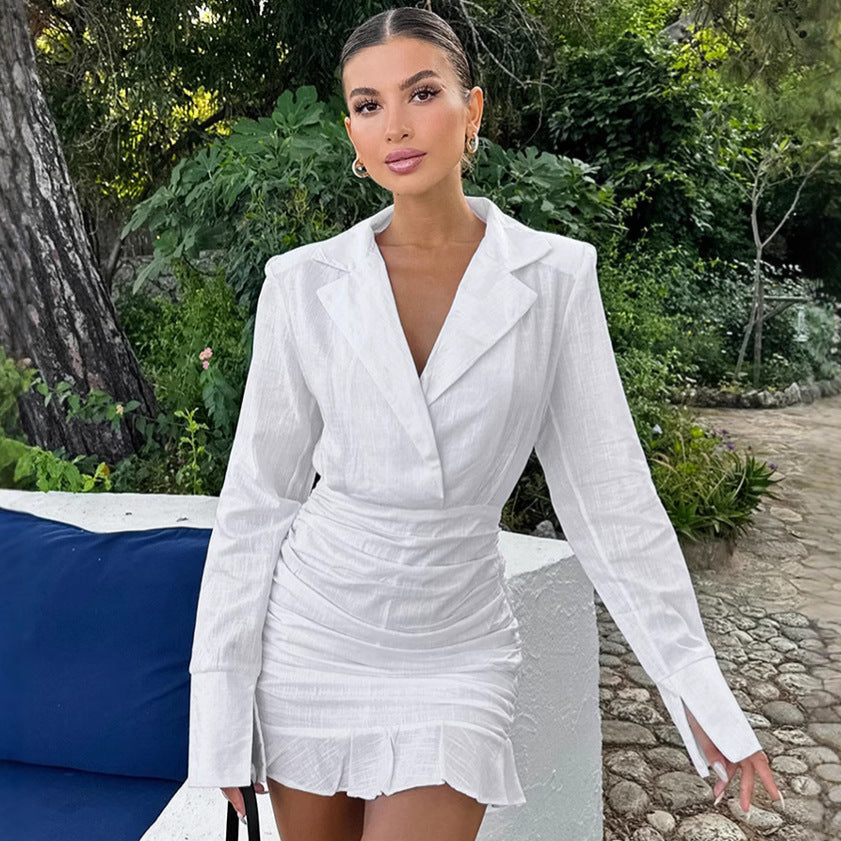 White Cotton Dress with Long Sleeves – Stylish Design with Sewing Details