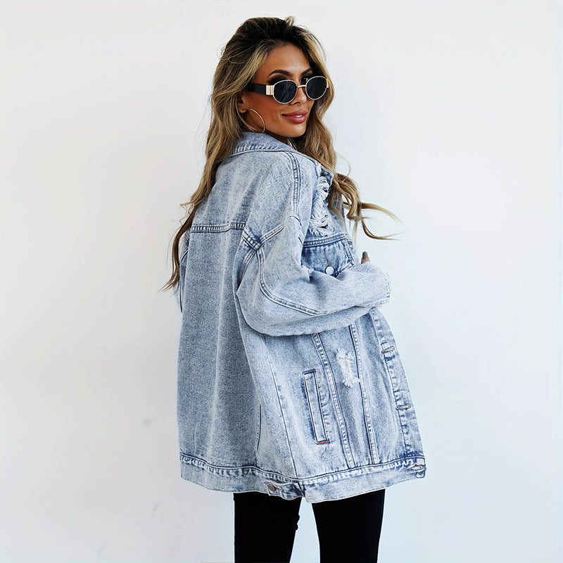 Trendy Denim Jacket – Boyfriend-fit with Distressing