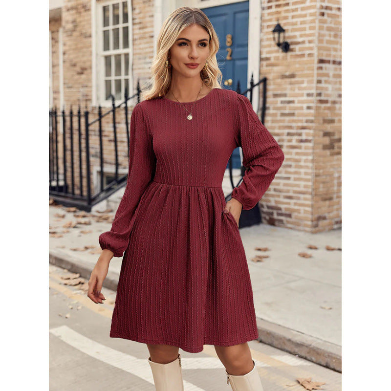 Jacquard Knitted Temperament Bubble Long Sleeve Dress Women