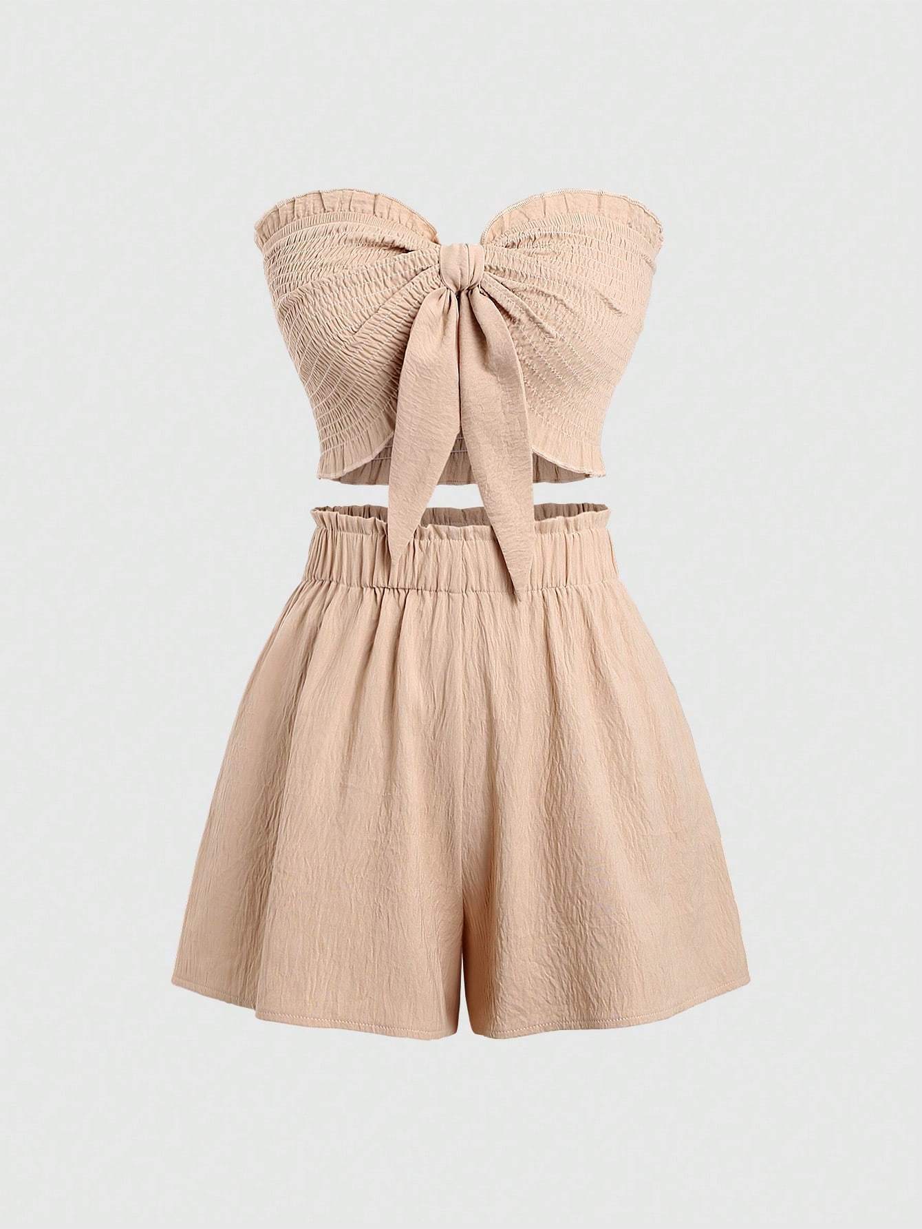 Two-piece Woven Set – Blouse with Drawstring & Skirt in Apricot