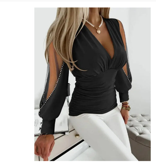 Blouse with Lantern Sleeves – Long Sleeve in Polyester, Available in Multiple Colors