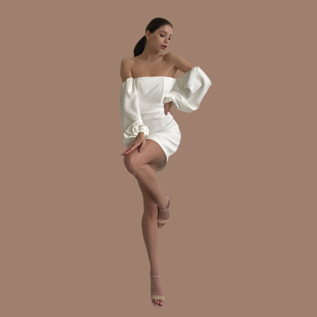 Elegant White Dress in Polyester – Puff Sleeve & Figure-hugging Cut