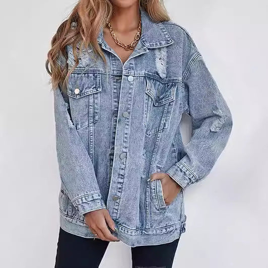Trendy Denim Jacket – Boyfriend-fit with Distressing