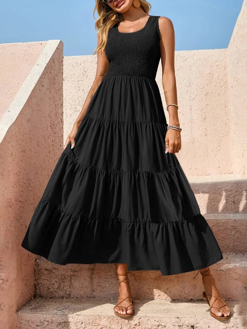 Strap top skirt with pleats and spliced A-line large swing dress