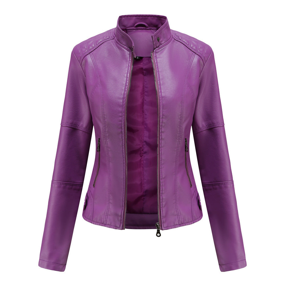 Leather Jacket with Stand Collar & Decorative Details – Short Model in Multiple Colors