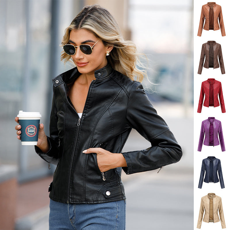 Leather Jacket with Stand Collar & Decorative Details – Short Model in Multiple Colors
