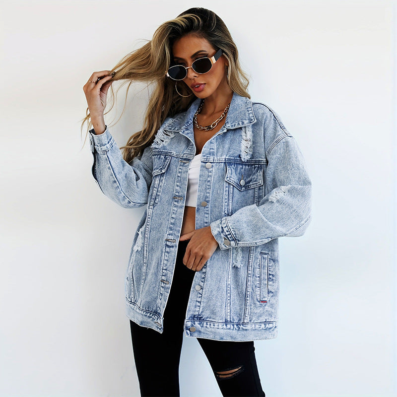 Trendy Denim Jacket – Boyfriend-fit with Distressing