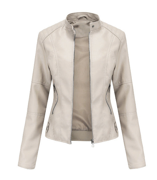 Leather Jacket with Stand Collar & Decorative Details – Short Model in Multiple Colors