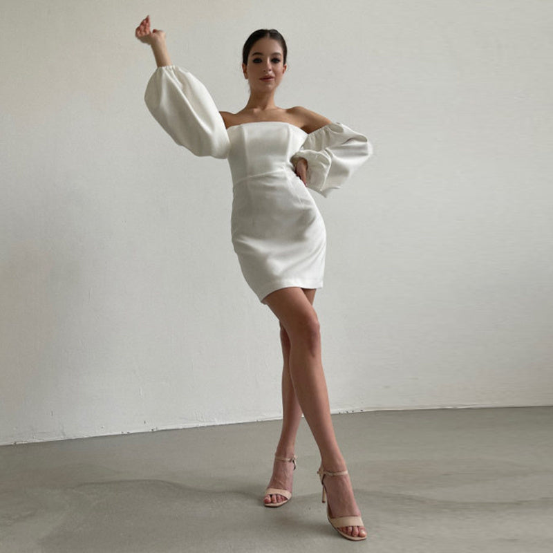 Elegant White Dress in Polyester – Puff Sleeve & Figure-hugging Cut