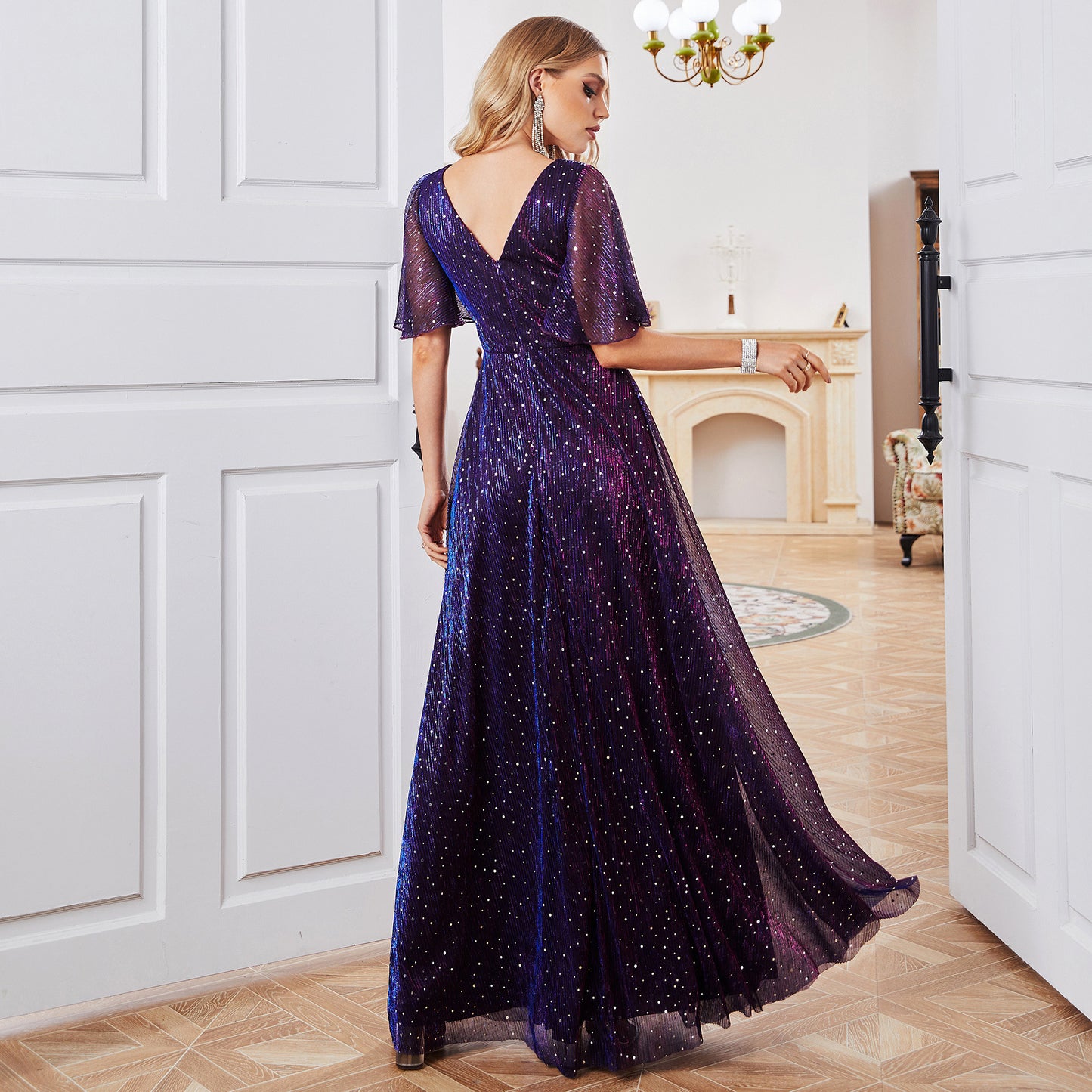 Elegant Chiffon Dress – High Waist & Short Sleeves