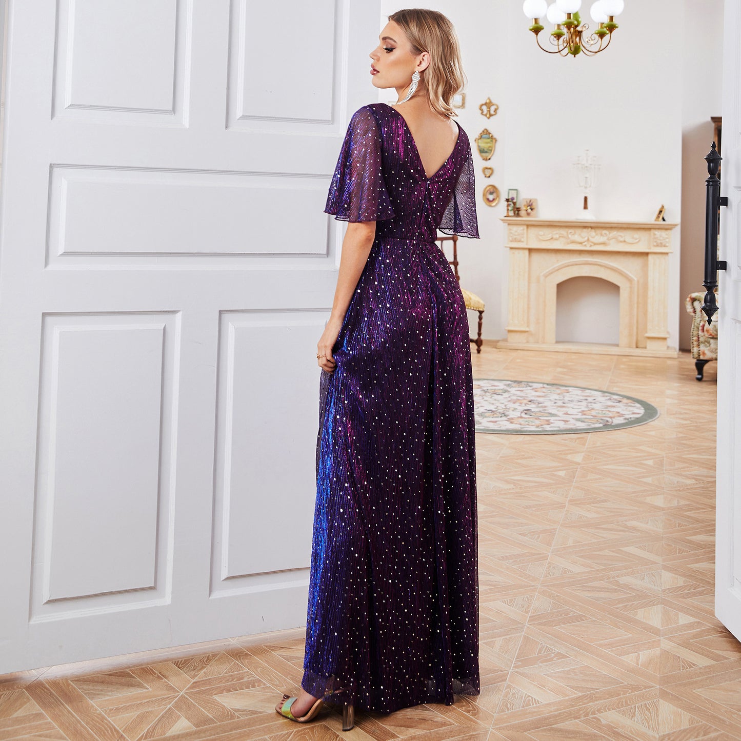 Elegant Chiffon Dress – High Waist & Short Sleeves