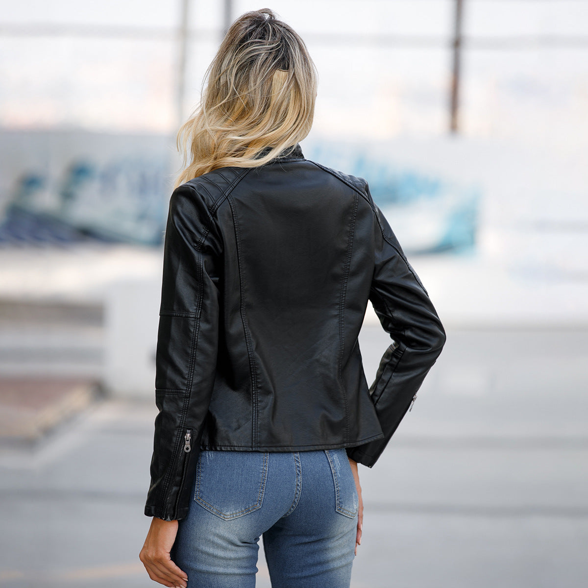 Leather Jacket with Stand Collar & Decorative Details – Short Model in Multiple Colors