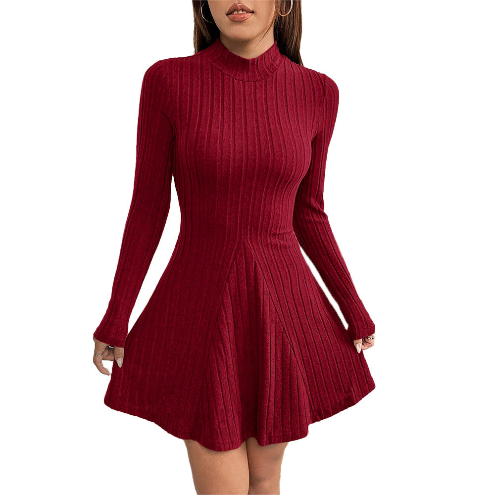 Winter New Women's Slim-fit Semi-high Neck Waist-cinching A-line Dress Long Sleeve Ribbed Dress