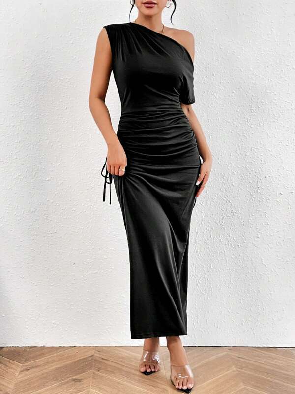 Off-shoulder One-shoulder Slim-fit Pleated Maxi Dress
