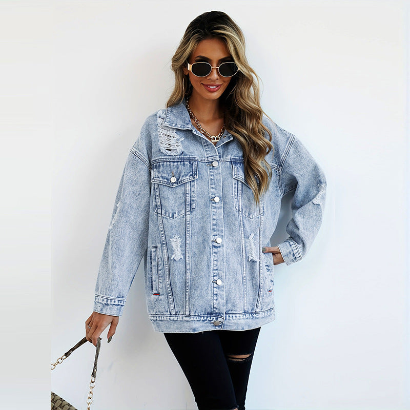 Trendy Denim Jacket – Boyfriend-fit with Distressing