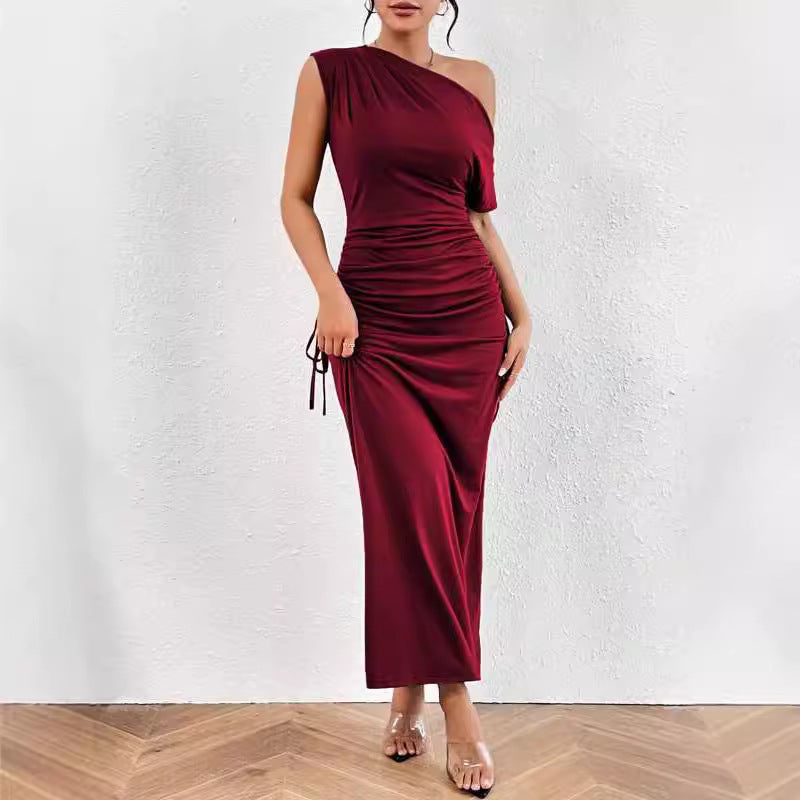 Off-shoulder One-shoulder Slim-fit Pleated Maxi Dress