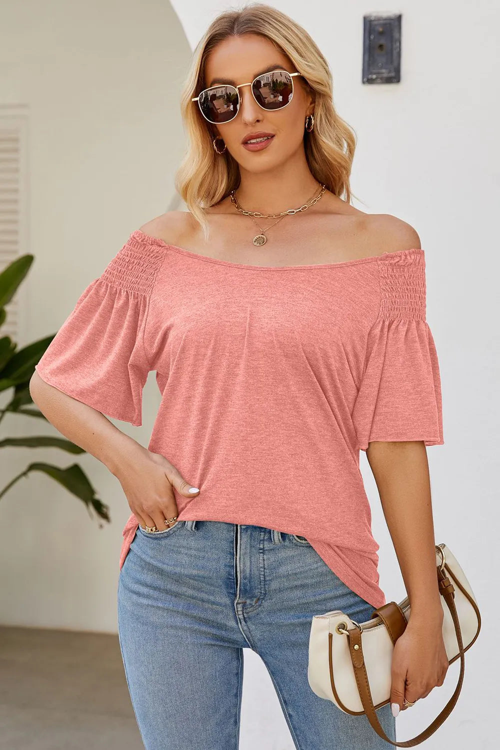 Solid color round neck pleated loose short sleeved T-shirt top for women