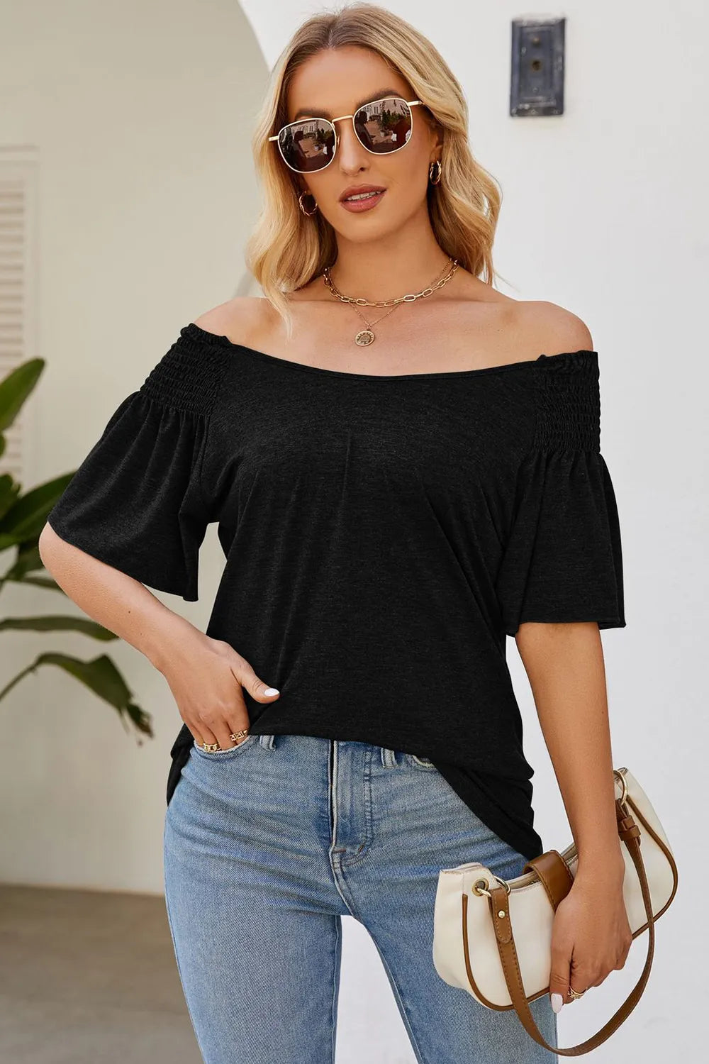 Solid color round neck pleated loose short sleeved T-shirt top for women
