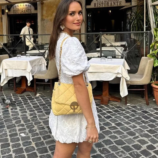 Short Summer Dress in Cotton with Floral Pattern – Puff Sleeve &amp; A-Line Shape