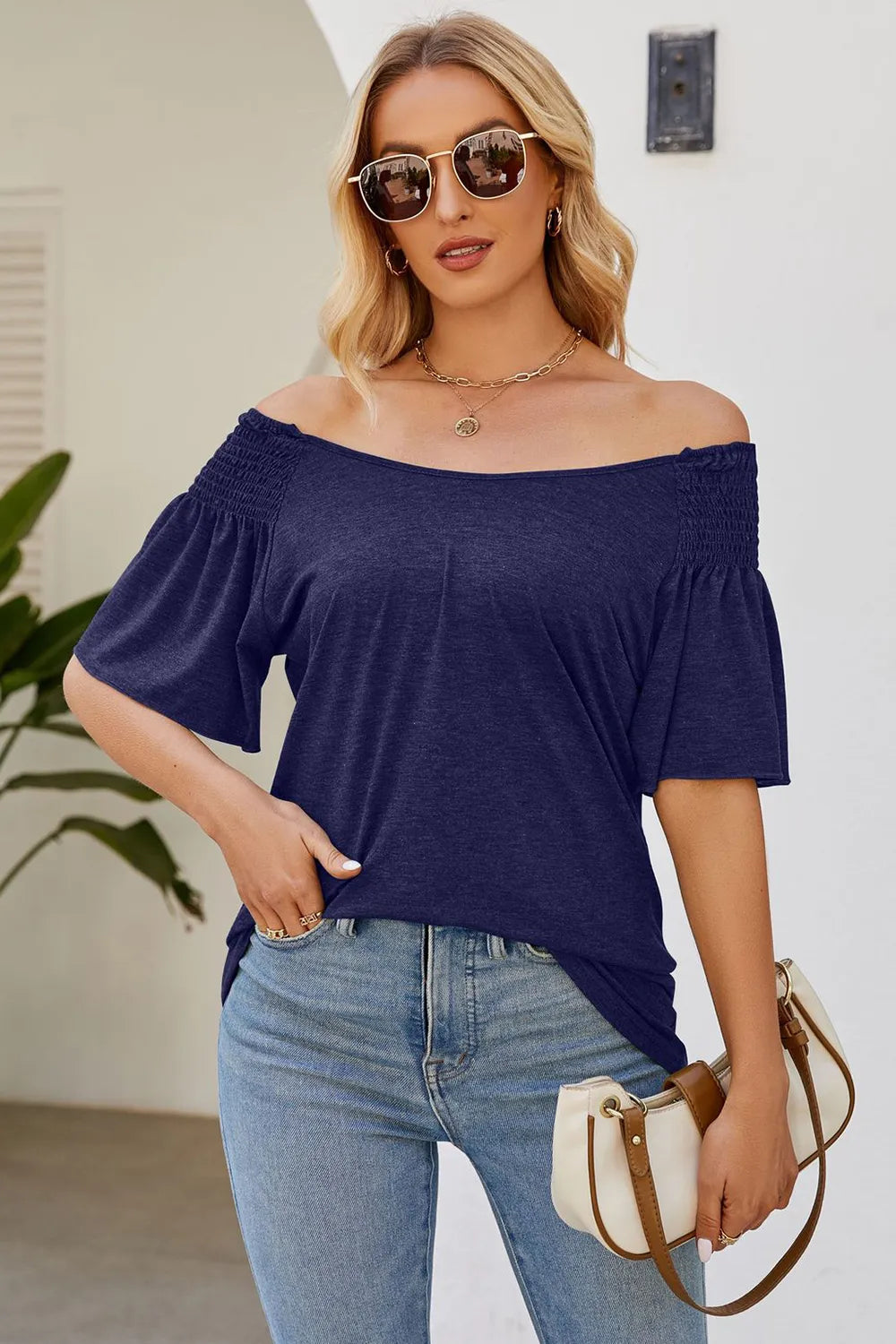 Solid color round neck pleated loose short sleeved T-shirt top for women