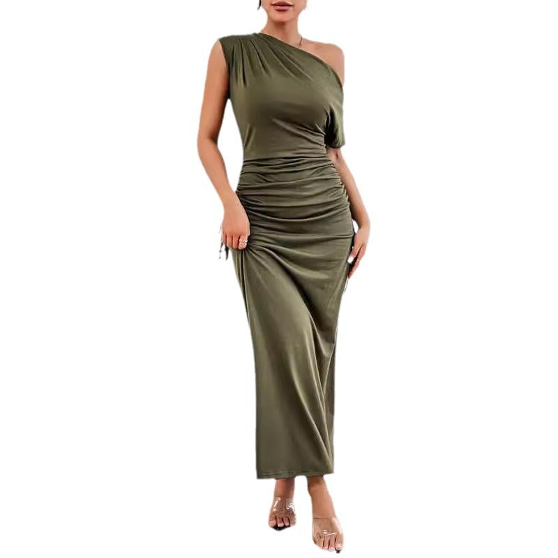 Off-shoulder One-shoulder Slim-fit Pleated Maxi Dress