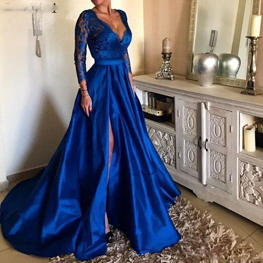 Midnight Bloom Gown – Lace V-Neck Evening Dress