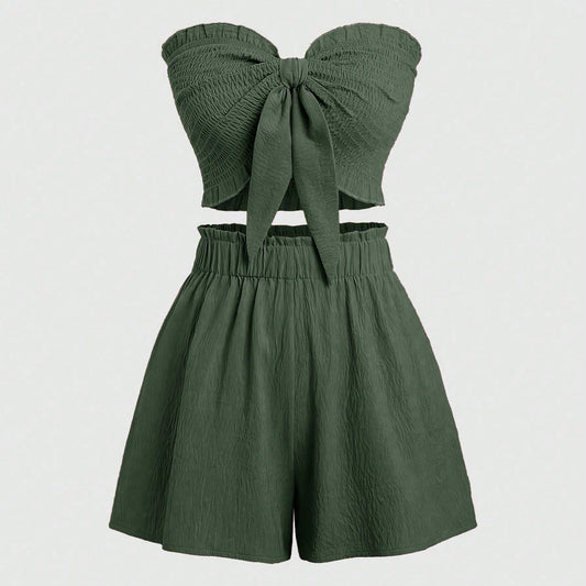 Two-piece Woven Set – Blouse with Drawstring &amp; Skirt in Apricot