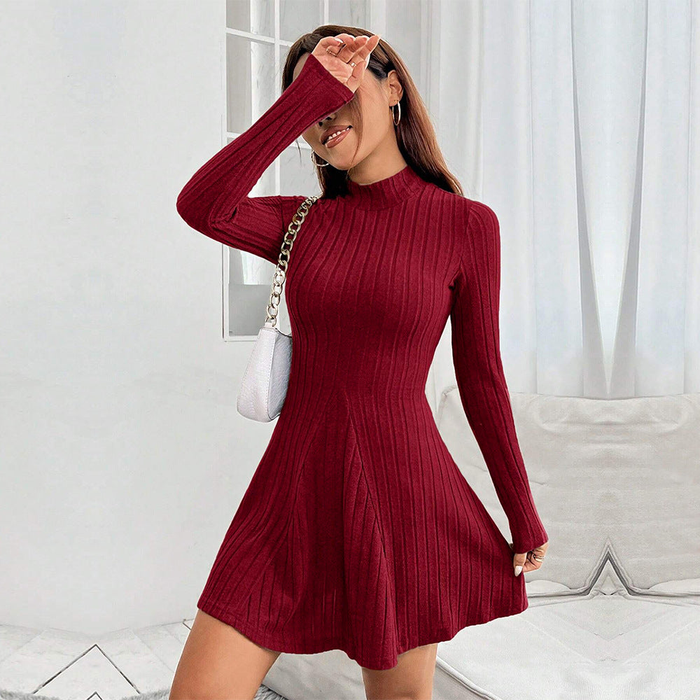 Winter New Women's Slim-fit Semi-high Neck Waist-cinching A-line Dress Long Sleeve Ribbed Dress