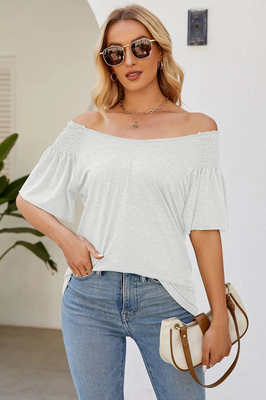 Solid color round neck pleated loose short sleeved T-shirt top for women