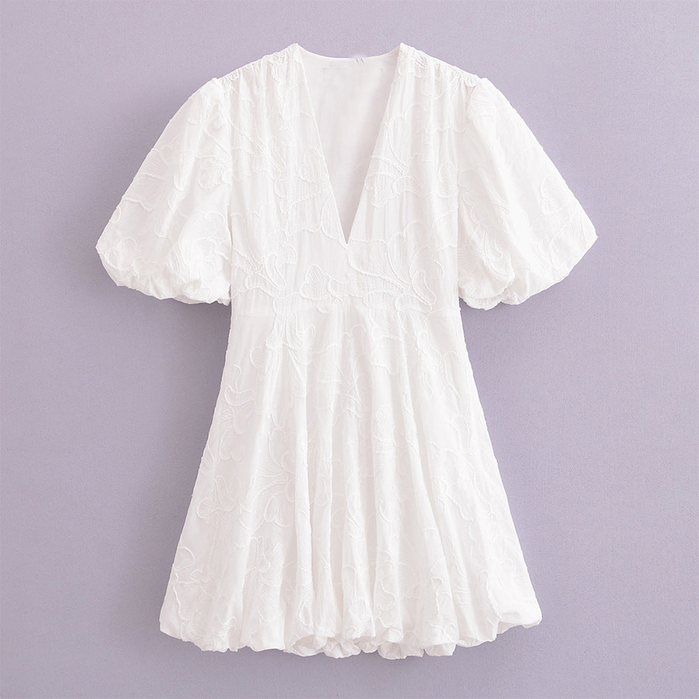 Short Summer Dress in Cotton with Floral Pattern – Puff Sleeve &amp; A-Line Shape