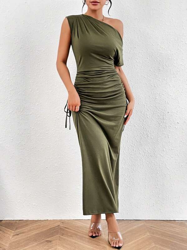 Off-shoulder One-shoulder Slim-fit Pleated Maxi Dress