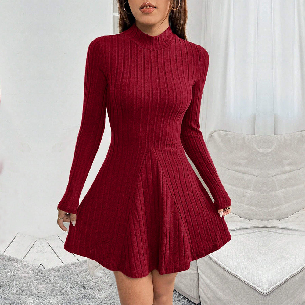 Winter New Women's Slim-fit Semi-high Neck Waist-cinching A-line Dress Long Sleeve Ribbed Dress