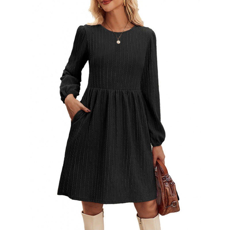 Jacquard Knitted Temperament Bubble Long Sleeve Dress Women